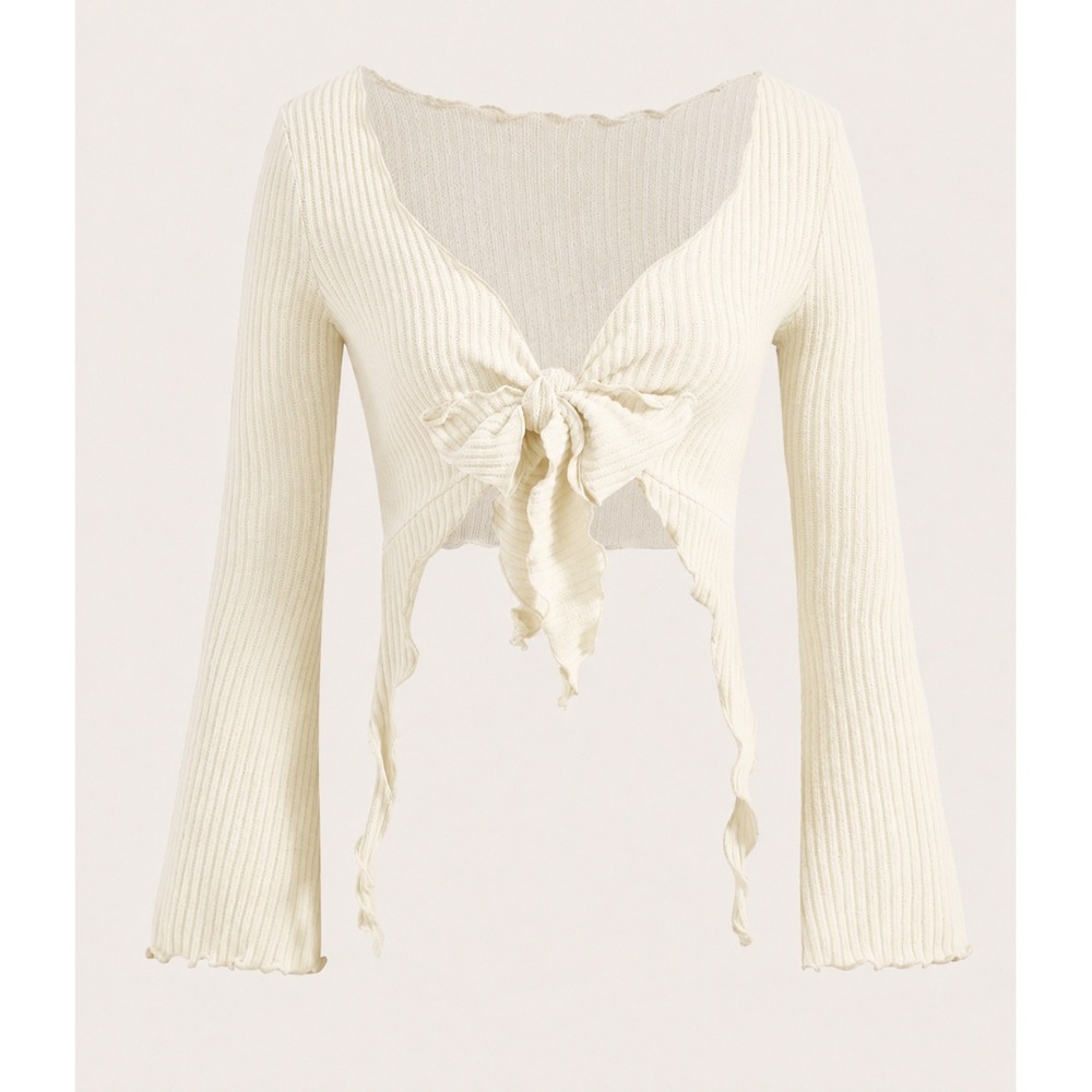 Y2K Emo Tie Front Shrug XS Cream Balletcore Bell Sleeve Cropped Bolero Coquette